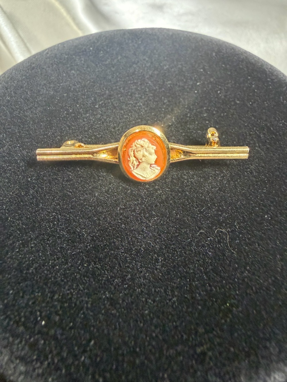Gold Cameo Bar Brooch with Orange Cameo Center